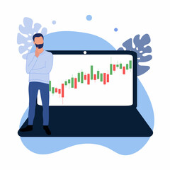 Chart on large laptop concept with small man vector flat illustration, suitable for background, banner, advertising illustration. Trading, business, finance. Man analysing data graph on screen