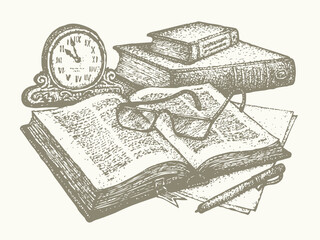 Vector still life. Old books, paper, pen and clock