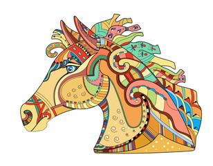 Seamless pattern with horse. The horse's head.Meditative coloring, patterns. Many details, anti stress coloring. mandala. Points, stripes.