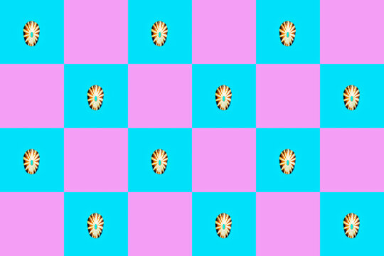 Flat Lay wallpaper background image of coastal seashells on a checkered background