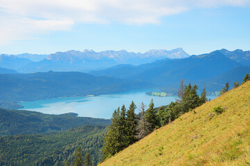 view to lake walchensee, Wetterstein Alps with Zugspitze, from Hirschhornlkopf mountain