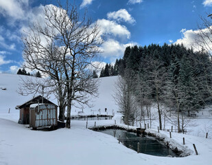 Winterlandschaft mit Fischteich und Schuppen im Chiemgau, Bayern, Deutschland