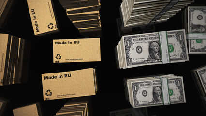 Made in EU box and EU Dollar money pack loop 3d illustration