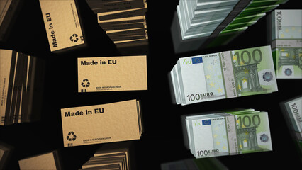 Made in EU box and Euro money pack loop 3d illustration