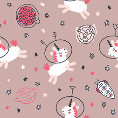 Hand drawn seamless pattern with astronauts unicorns in space. Perfect for T-shirt, textile and print. Doodle vector illustration for decor and design.