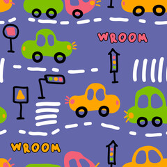 Childish seamless pattern with cars and text WROOM. Perfect for T-shirt, textile and prints. Hand drawn vector illustration for decor and design.