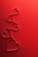 Obraz na płótnie Canvas Paper hearts on red background. Handmade gift card with copyspace. Vertical photo.