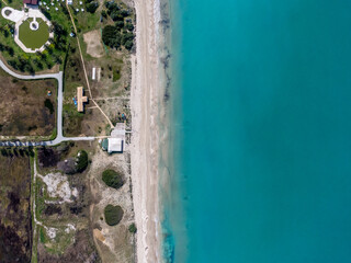 Aerial top down view of almyros beach in north corfu greece