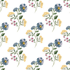 Seamless pattern with invented flowers, which embroidered von hand. Beautiful handwork pattern for textile - obrazy, fototapety, plakaty