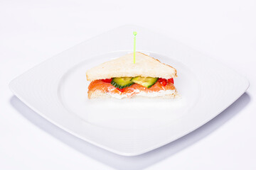 Plate made by a restaurant chef. Composition with a cucumber and pepper slices raw fish