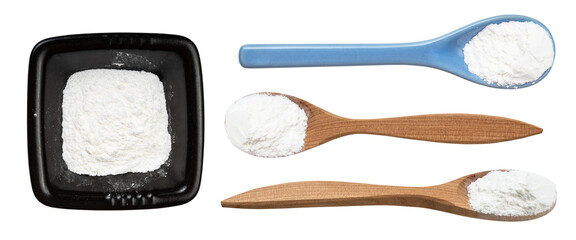 set of various baking powder isolated on white