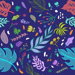Fototapeta na wymiar Colorful tropical rainforest. Seamless pattern with abstract flowers leaves and other plants. Aloha textile collection. On dark blue background.