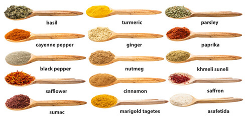set of various ground spices in spoon with names
