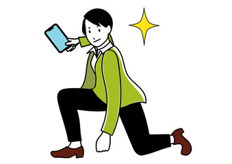 携帯電話を持ってキメポーズでやる気を表現しているイメージのビジネスパーソン