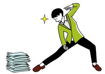 積み重なった書類を前に、キメポーズでやる気を表現しているビジネスパーソン