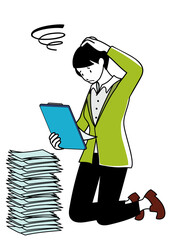 積み重なった書類と、バインダー片手に困った顔をするビジネスパーソン（非効率や多忙のイメージに）