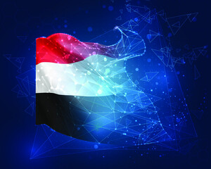 Yemen ,  vector flag, virtual abstract 3D object from triangular polygons on a blue background