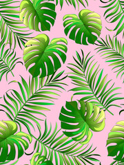 Seamless  vector  tropical pattern. Summer jungle wallpaper. Realistic ptint with palm leaves.