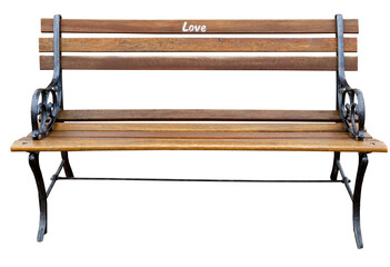 Isolated wooden park bench with handwritten message of LOVE.