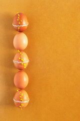 Obraz na płótnie Canvas Decorated mimosa flowers chicken eggs, vertical row, Easter symbol, copyspace