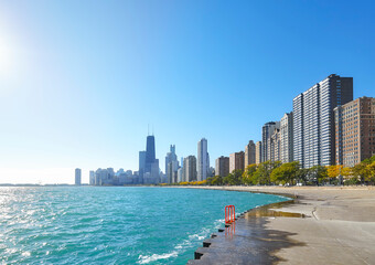 Sunrise at the Michigan Lakefront Trail in Chicago city, Illinois, USA.