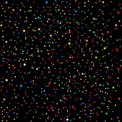 Background and pattern of colored dots and polka dots on a black background
