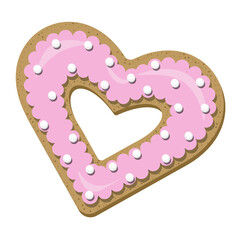 Top view of heart shaped cookie covered with pink icing isolated on white background. Vector homemade pastries.
