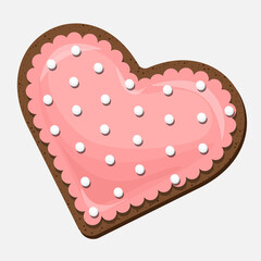 Heart shaped chocolate cookie covered with coral icing isolated on white background. Vector illustration.
