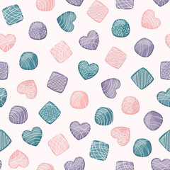 Vector seamless pattern. Coral, emerald, purple chocolate candies isolated on white background.
