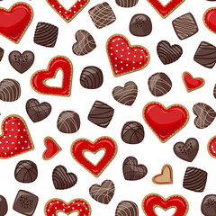 Vector seamless pattern. Heart shaped cookies with red glaze and dark chocolates isolated on white background.
