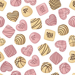 White and pink chocolate candies of different shapes on white background. Vector seamless pattern.
