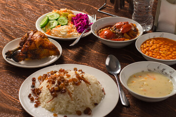 Oriental meal chicken rice with soup