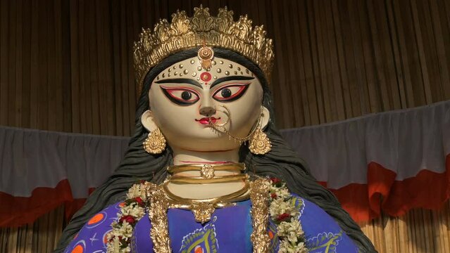 Idol face of Goddess Saraswati at Howrah, West Bengal, India. Saraswati is Hindu goddess of knowledge, music, art, wisdom, and learning.