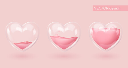 Set of realistic glass heart with pink liquid and bubbles. Symbol of love. Be my Valentine. Vector illustration for card, party, design, flyer, poster, decor, banner, web, advertising.