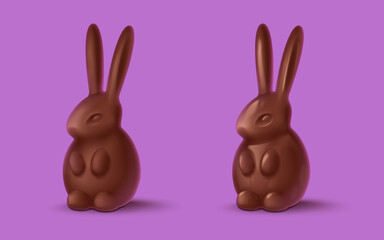 Realistic matte and glossy chocolate bunny, rabbit. Symbol of 2023 year. Happy Easter poster. Vector illustration for card, party, design, flyer, decor, banner, web, advertising.