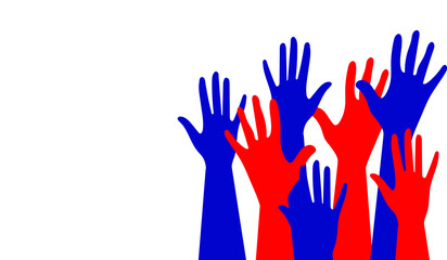 Hands of people with different skin colors, different nationalities and religions. Activists, feminists and other communities fight for equality. White background with copy space. Vector.