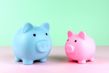 Blue and Pink Piggy Bank on Color Block green and pink background
