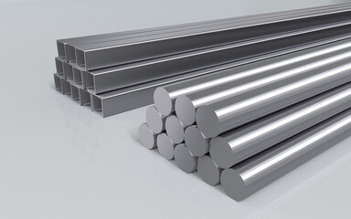 Illustration of iron square tubes on a white background. 3D rendering