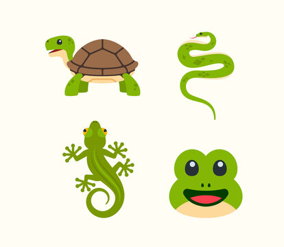 Reptile animal vector icon set. Emoji reptile icon set. Tortoise, snake, lizard and frog head