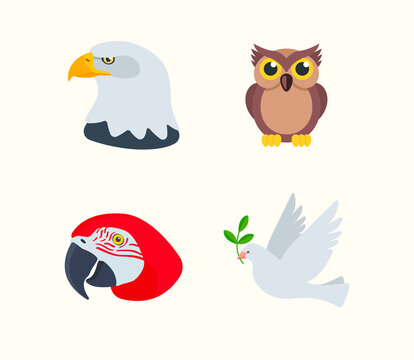 Bird animal icon set. Bird emoji illustrations. Eagle, owl, dove and parrot icon