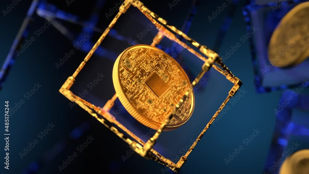 Poster scheme with a microchip on a gold coin in a block. rotation of the camera around the cryptocoin. dig