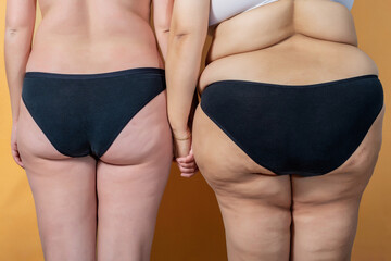 Obraz premium Natural Real Body Plus Size Woman in lingerie. Holding hands.