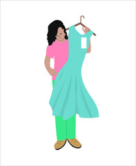 A woman chooses, tries on a blue, blue dress. The girl is shopping. A business woman chooses an outfit for a holiday. Colored vector illustration on a white background.