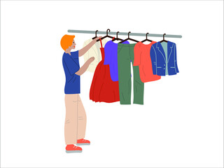 The girl chooses, tries on a dress in the wardrobe. Woman shopping, shopping shopping. A business woman chooses an outfit for a holiday. Colored vector illustration on a white background.