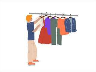 The girl chooses, tries on a dress in the wardrobe. Woman shopping, shopping shopping. A business woman chooses an outfit for a holiday. Colored vector illustration on a white background.