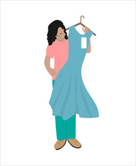 A woman chooses, tries on a blue, blue dress. The girl is shopping. A business woman chooses an outfit for a holiday. Colored vector illustration on a white background.