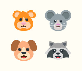 Animal emoji icon set. Hamster, mouse, dog and raccoon face icon