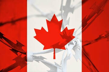 Abstract image of the national flag of Canada with twisted barbed wire.