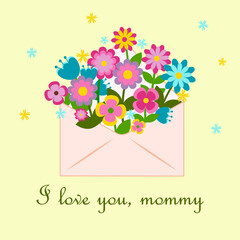 Vector illustration of an envelope with flowers on a light yellow background and an inscription. Greeting card for mom on mother's day or birthday.