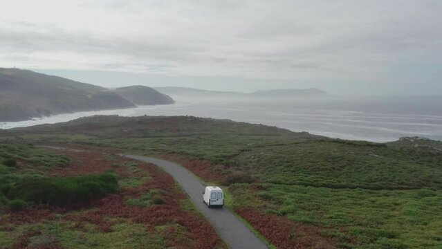 Drone aerial view of a camper van in Galicia, Spain
